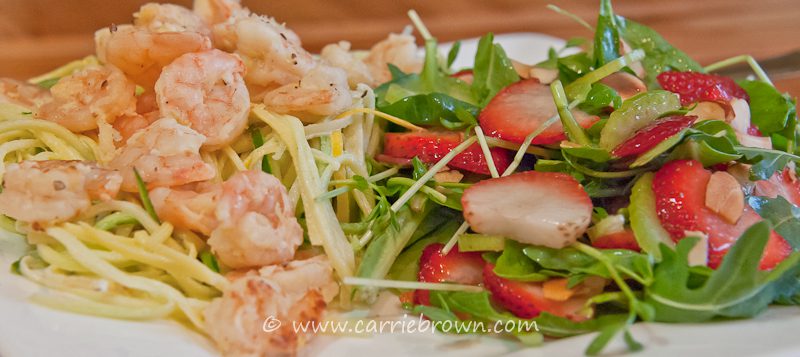 Grilled Lemon Prawns with Coconut Cream Squash Noodles and Strawberry Pea Shoot Salad