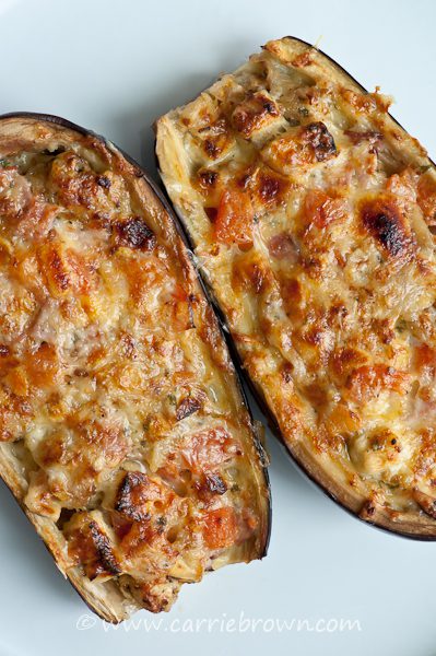 Ham, Cheese, and Tomato Stuffed Eggplant | Carrie Brown