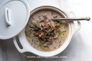 Cheesy Peppered Steak Soup | Carrie Brown